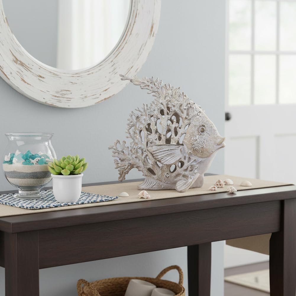 Beach Coastal Decor – 9.8in White Coral Fish Statue, Nautical Coral Reef Figurine for Living Room, Bathroom, Shelf, Desk or Coffee Table, Modern Ocean Accent & Beach House Gift