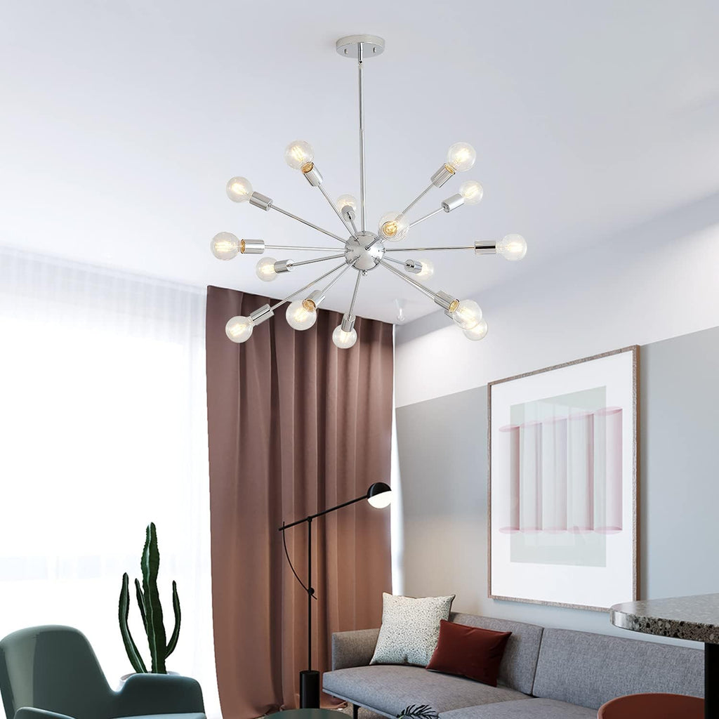 Mid-Century Sputnik Chandeliers 15-Lights, Modern Semi Flush Mount Ceiling Light Fixture Industrial Retro Hanging Lamps for Kitchen Living Room Dining Bedroom Corridor, Chrome（Bulb Not Included）