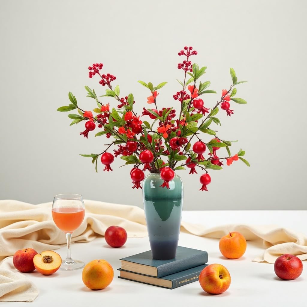 Artificial Pomegranate & Red Berry Stems - Autumn Christmas Decorations for Tree, Wreaths, Table Centerpiece & DIY Crafts