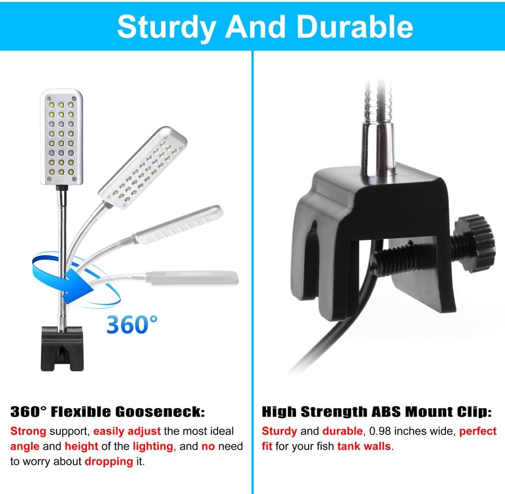 Aquarium Light Small LED Clip Light for Fish Tank 1.5W with Timer&Dimmer, 1 Yr Warranty