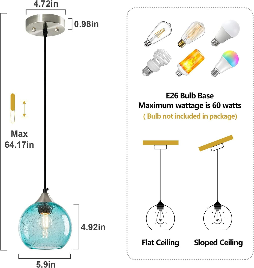 Light Blue Glass Pendant Lights Kitchen Island Globe Pendant Light Fixtures Modern Pendant Lighting for Bedroom Living Dining Room Light Fixture (5.9 in, 2 Pack)