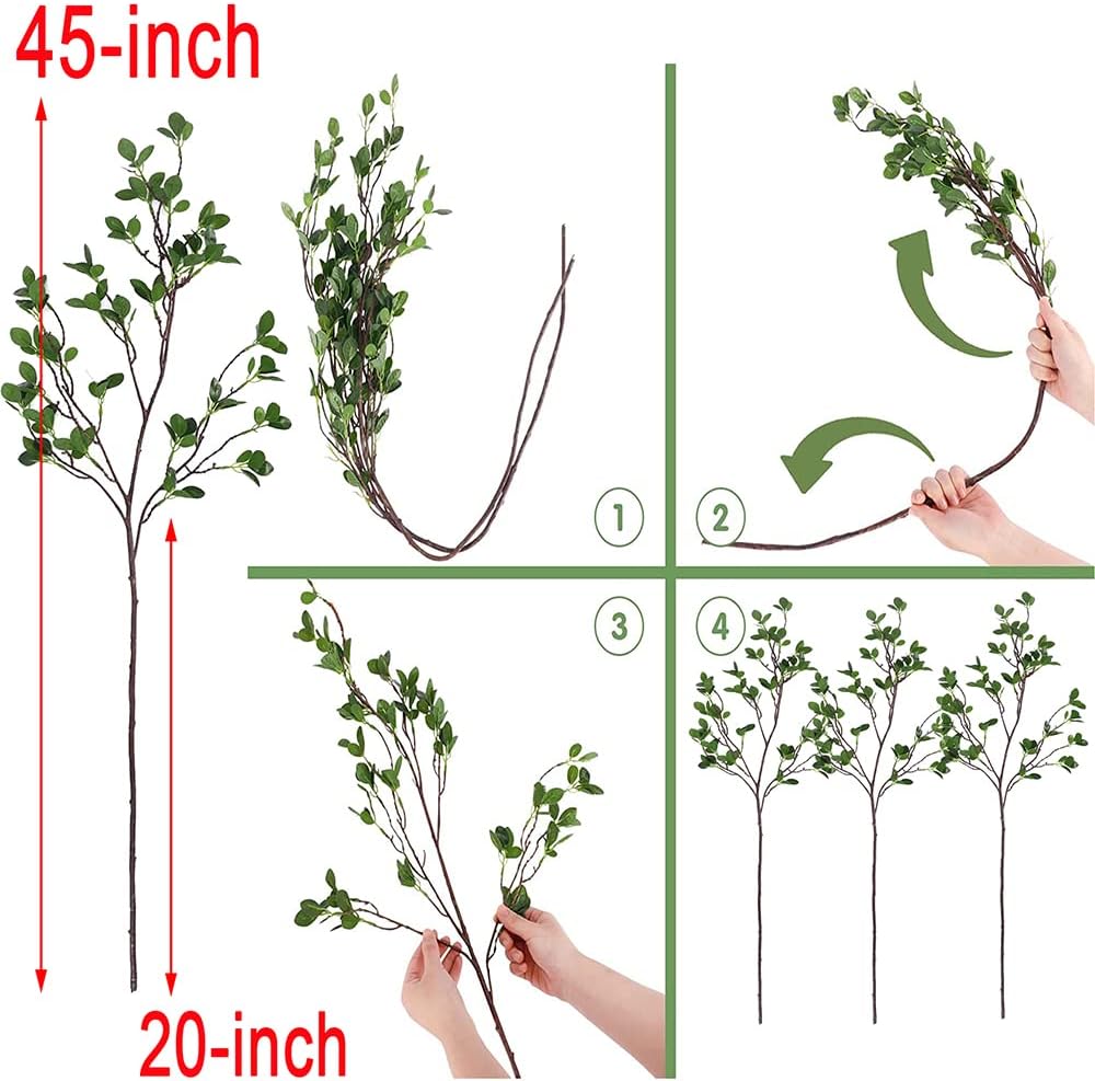 3pcs Artificial Branches Plants Artificial Greenery Stems Faux Greenery Stems Faux Branches for Vase Plant Artificial Eucalytus Branches Fake Ficus Twig (45"/Each Branch) (3, Green)