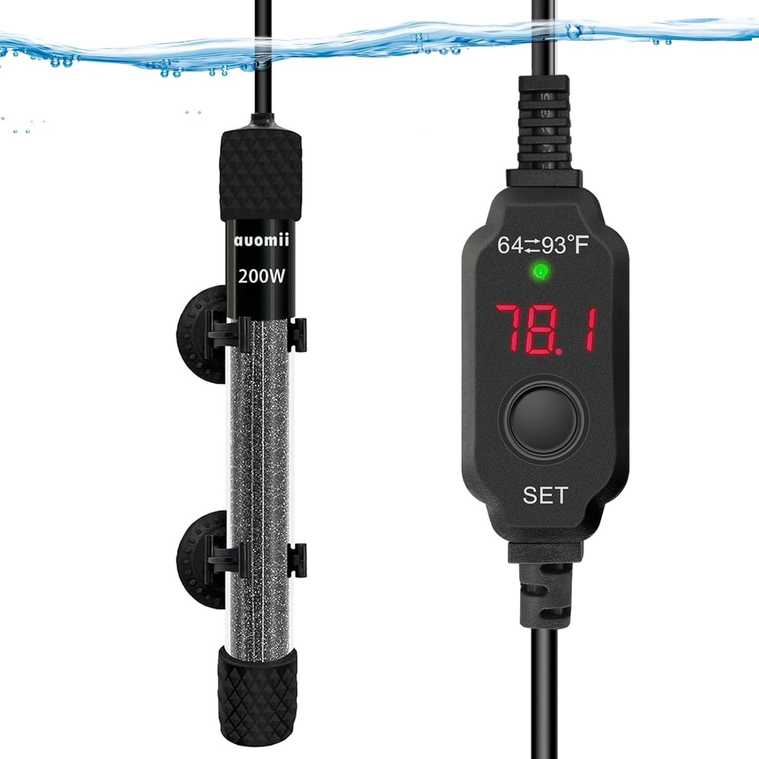 Mini Submersible Aquarium Heater,200 Watts Adjustable Fish Tank Heater, Built-in Thermometer, External Temperature Controller, Smart Memory, Used for 1-60 Gallons (200 Watts)