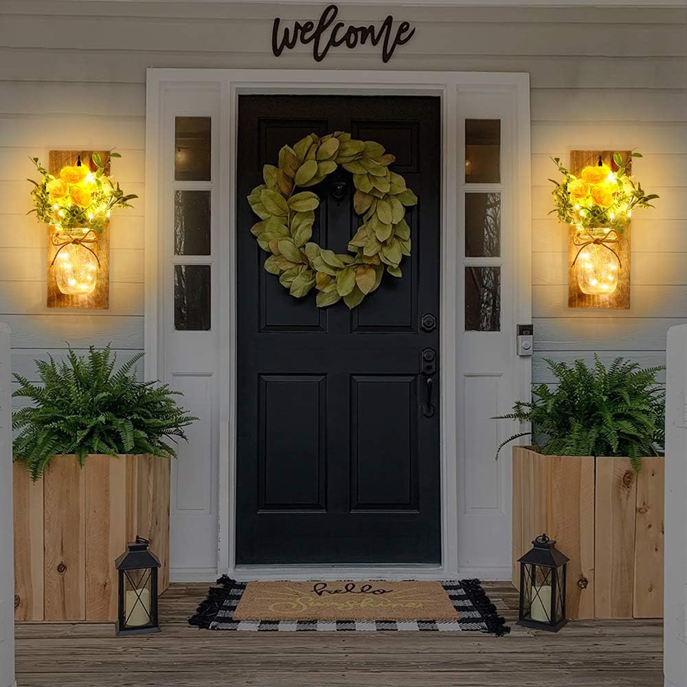 Wall Decor Mason Jar Sconces - Rustic Farmhouse Home Decor with Remote Control Wall Lights and Yellow Rose for Bedroom Wall Decor Living Room Kitchen Decorations Set of Two