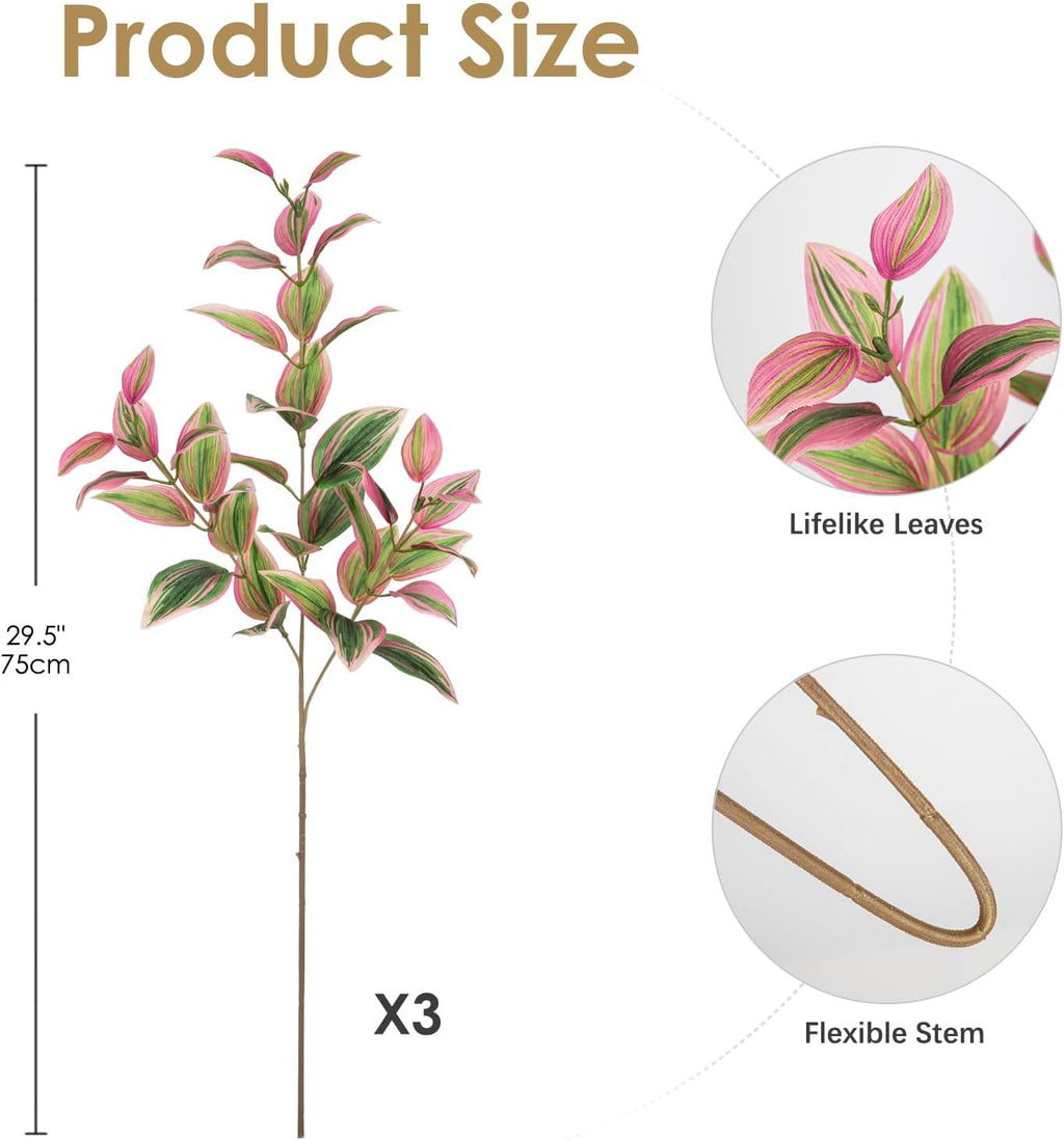Hollyone 3Pcs Artificial Greenery Stems Faux Branches for Vase Tradescantia Zebrina Fake Leaves Branches 29.5 inch Long Stems Plants Leaf Bushes for Party Wedding Indoor Outdoor Home Decor Pink
