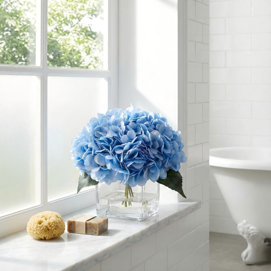 Silk Blue Artificial Hydrangea in Vase with Faux Water, Silk Flower Arrangements in Vase for Home Decor, Wedding Table (Blue)