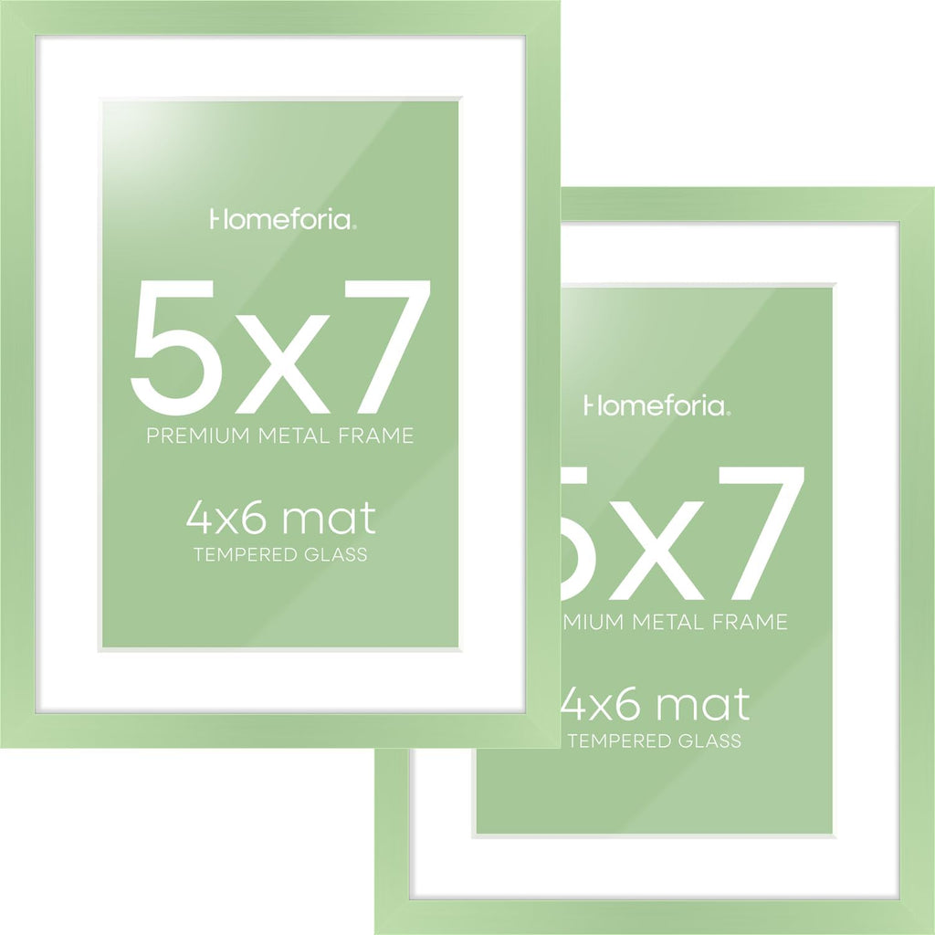 Homeforia 5x7 Picture Frame Sage Green, High End Metal 5 x 7 Frames with Mat 4 x 6 for Photo, 5by7 Desk Frame Matted to 4x6 inch Art, 5 by 7 Wall or Tabletop Frames, Tempered Glass, Wall Kit, Set of 2