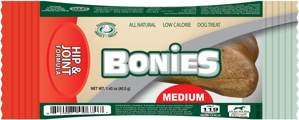 Bonies Natural Hip & Joint Formula Medium-Sized Single Bone, Glucosamine & Omega Fatty Acids, Fresh Breath, Clean Teeth, Low Calories, Chicken Flavor, [Medium Dog], 1 Bone
