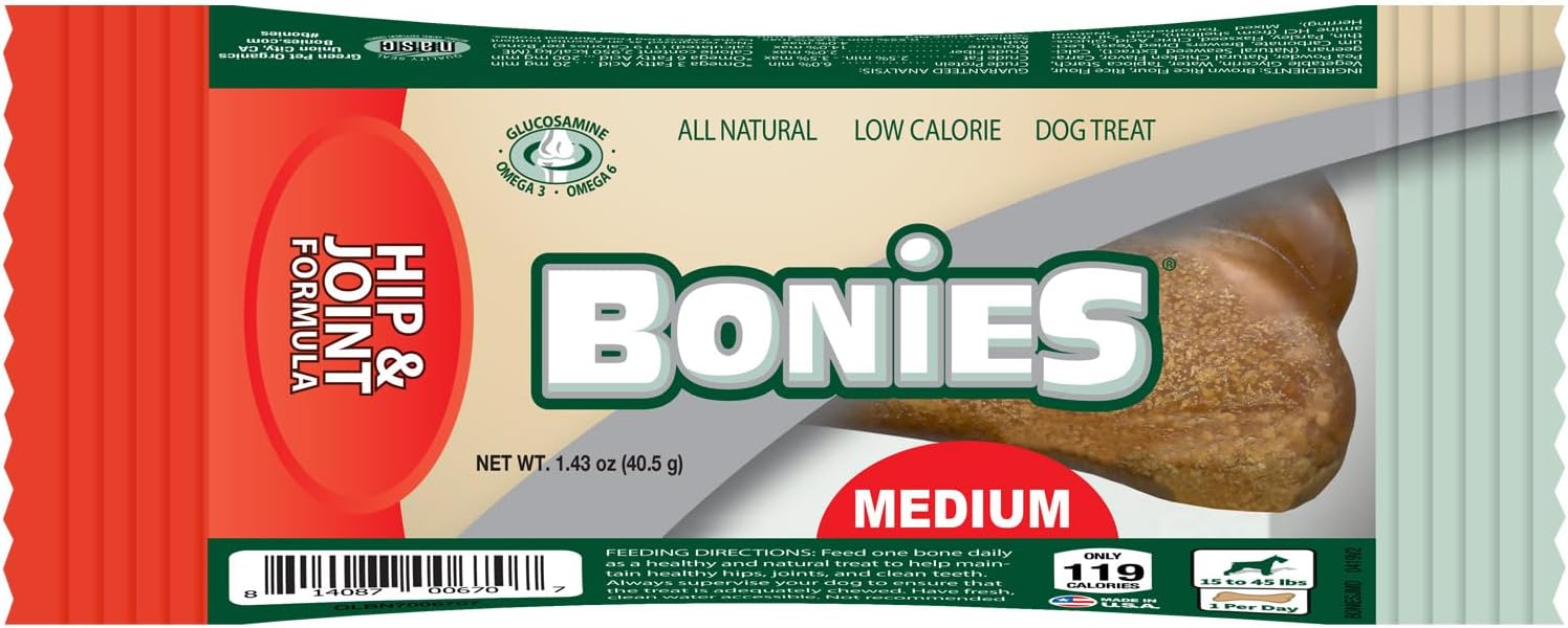 Bonies Natural Hip & Joint Formula Medium-Sized Single Bone, Glucosamine & Omega Fatty Acids, Fresh Breath, Clean Teeth, Low Calories, Chicken Flavor, [Medium Dog], 1 Bone