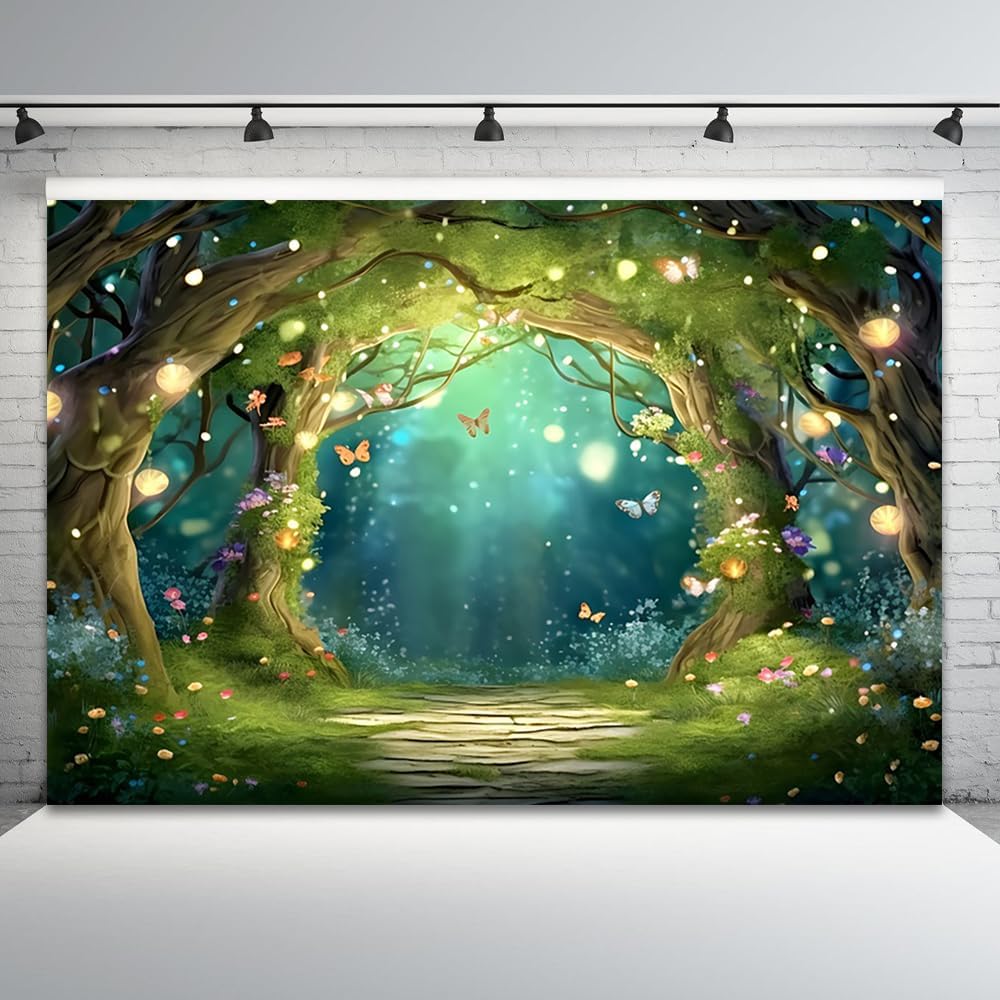 8x6ft Spring Enchanted Forest Backdrop Fairy Tale Wonderland Photography Background Butterfly Flower Brick Road Banner Decorations Newborn Baby Shower Birthday Party Photo Booth Props