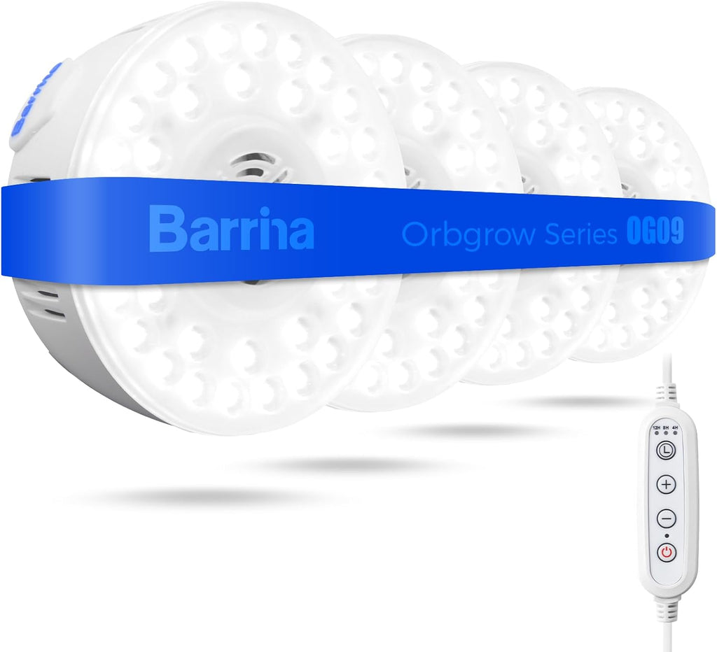 Barrina Orbgrow OG09 Puck Grow Light, 5000K 36W(4 x 9W, 540 Watt Equiv), Full Spectrum Plant Light for Indoor Plants, Magnetic & Linkable with Timer, 5 Levels Dimmable for Plant Shelf, 4 Packs
