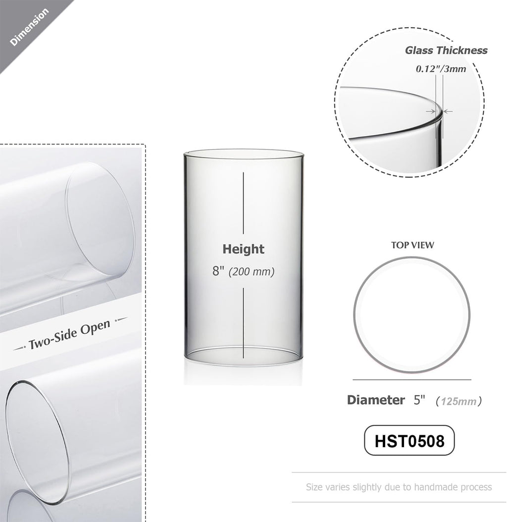 WGVI Hurricane Candle Holder Sleeve, Wide 5", Height 8", Clear Glass Cylinder Candleholder, Chimney Tube, Open Ended Candle Shade, 1 Piece