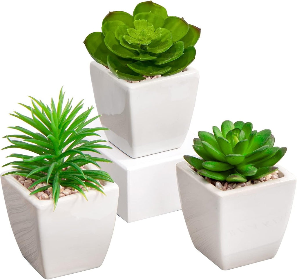 Briful 3PCS Fake Succulents for Farmhouse Tiered Tray Decor Smaller Artificial Potted Plants Faux Plants Indoor Bookshelf Decor House Plants Tabletop Decor in White Ceramic Pot