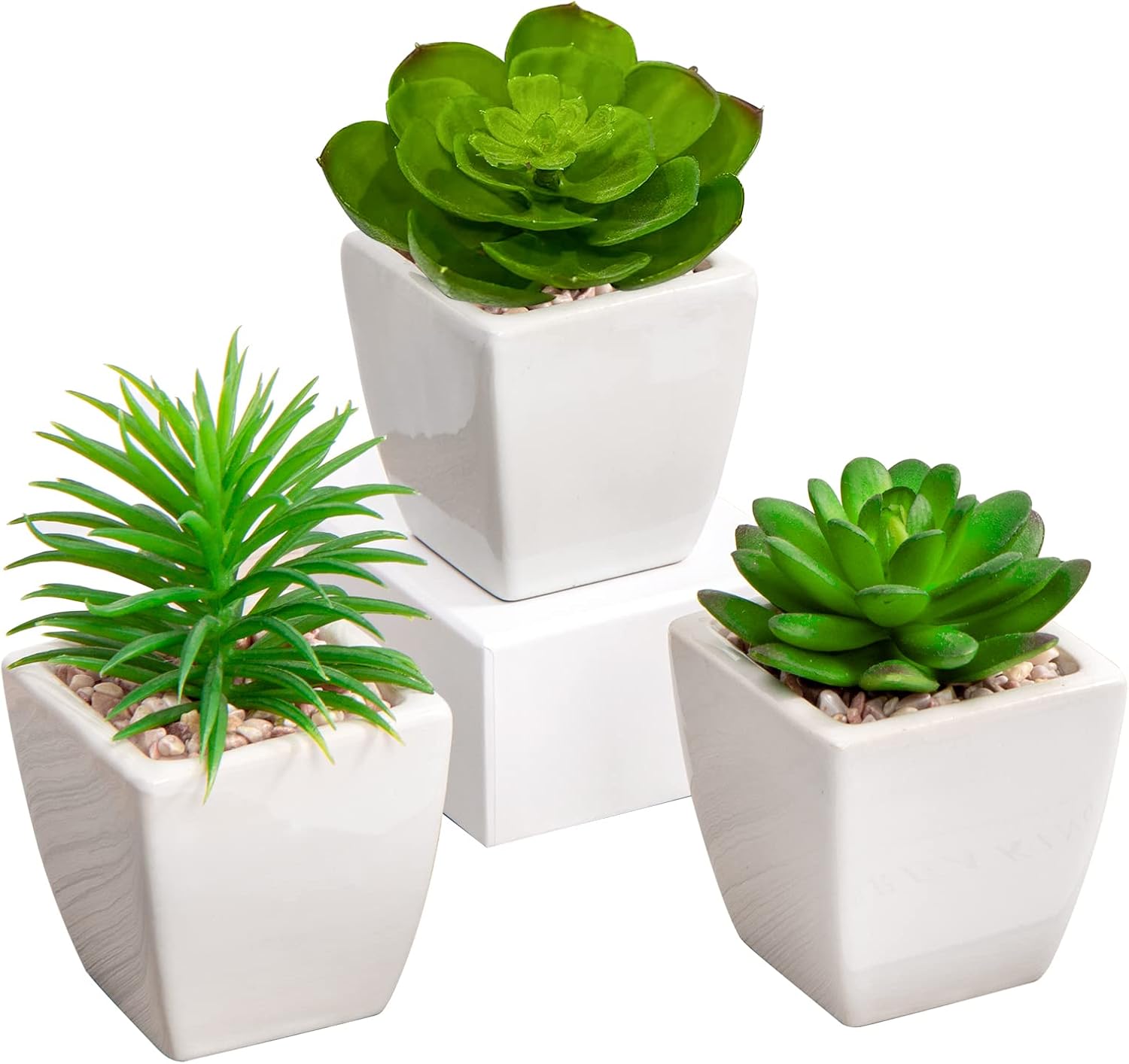Briful 3PCS Fake Succulents for Farmhouse Tiered Tray Decor Smaller Artificial Potted Plants Faux Plants Indoor Bookshelf Decor House Plants Tabletop Decor in White Ceramic Pot