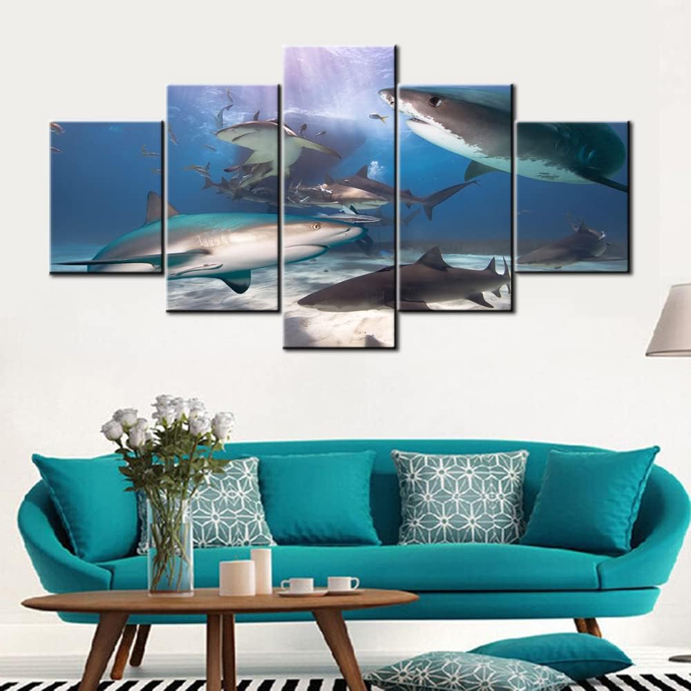 5 Pieces Wall Art Blacktip Reef Shark Paintings Underwater Pictures for Living Room Big Fish Canvas HD Prints Contemporary Artwork Rustic House Decor Giclee Framed Stretched Ready to Hang(60”WX32”H)