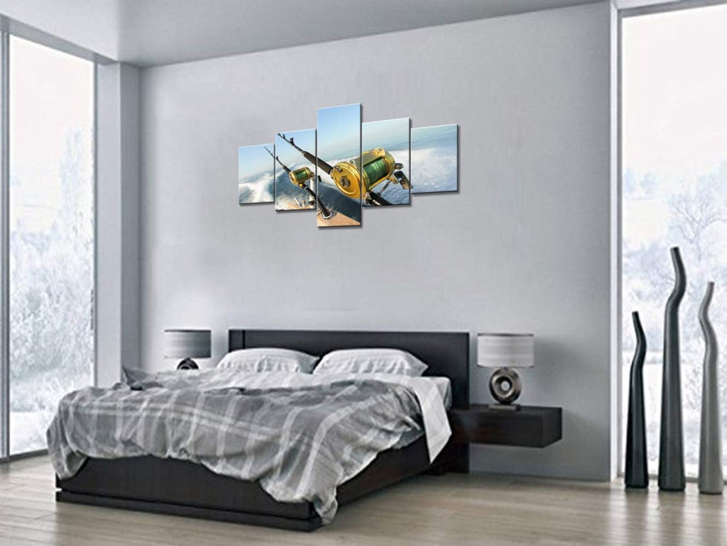 Art Work for Home Walls Fishing Reels and Rods Wall Art 5 Panel Premium Quality Prints Pictures Giclee Ocean Canvas Paintings for Living Room Wooden Framed Gallery-Wrapped Ready to Hang(50''Wx24''H)