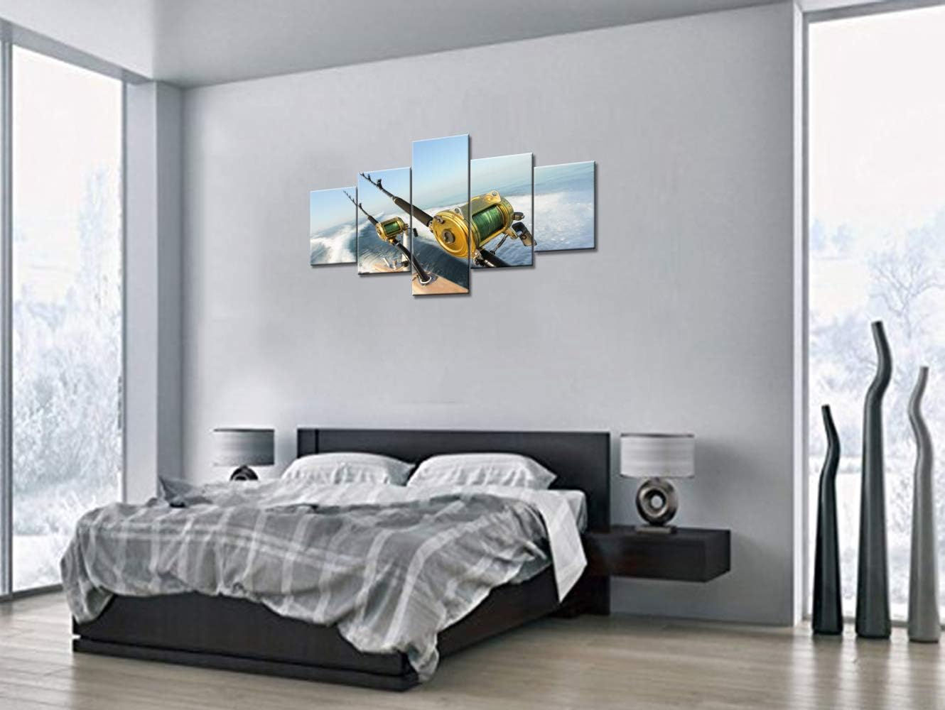 Art Work for Home Walls Fishing Reels and Rods Wall Art 5 Panel Premium Quality Prints Pictures Giclee Ocean Canvas Paintings for Living Room Wooden Framed Gallery-Wrapped Ready to Hang(50''Wx24''H)