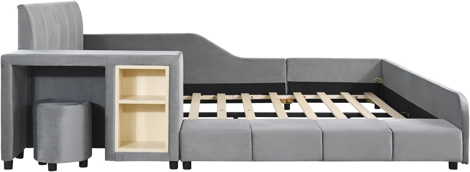 Merax Full Size Velvet Bed Frames Upholstered Grounded Bed, Wooden Mother & Child Bed with Bedside Desk and Little Round Stool,Kids Adults Bedroom Floor Platform Bed,Gray
