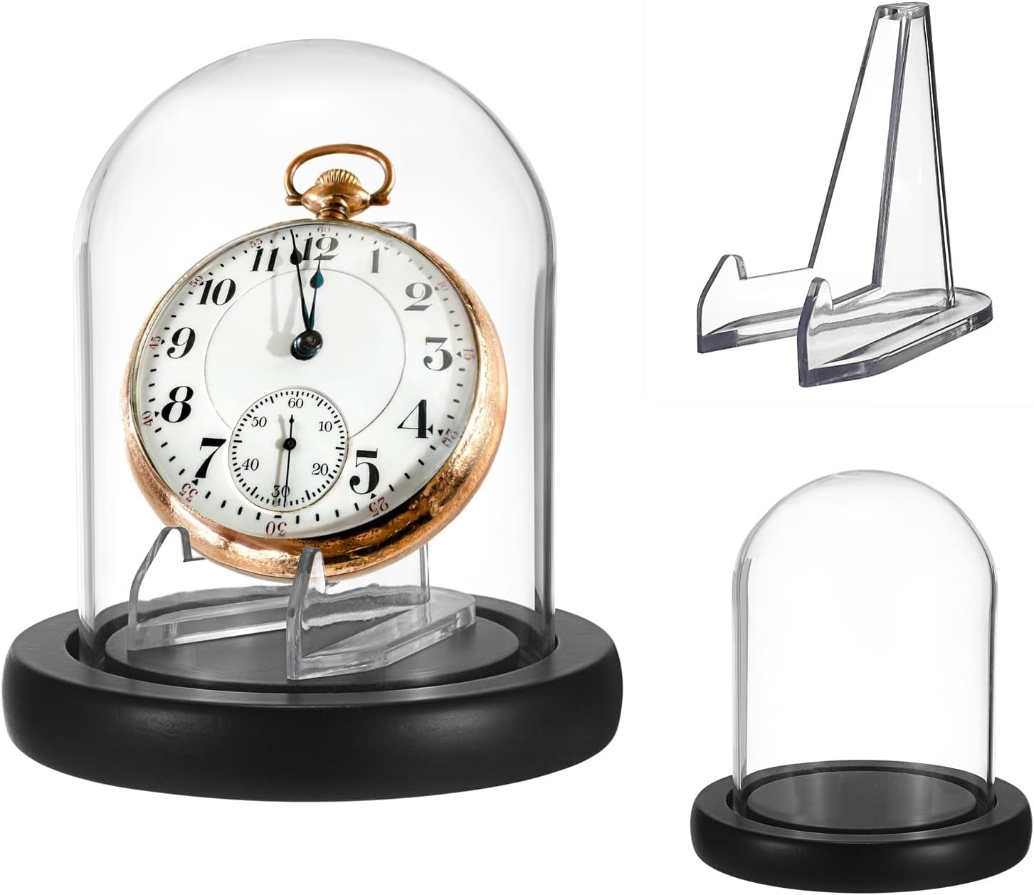 JUXYES Clear Watch Glass Display Dome Cloche with Display Stand, Clear Terrarium Jar Cloche Bell with Wooden Base, Glass Display Dome for Pocket Watches Medals Coins Ornaments
