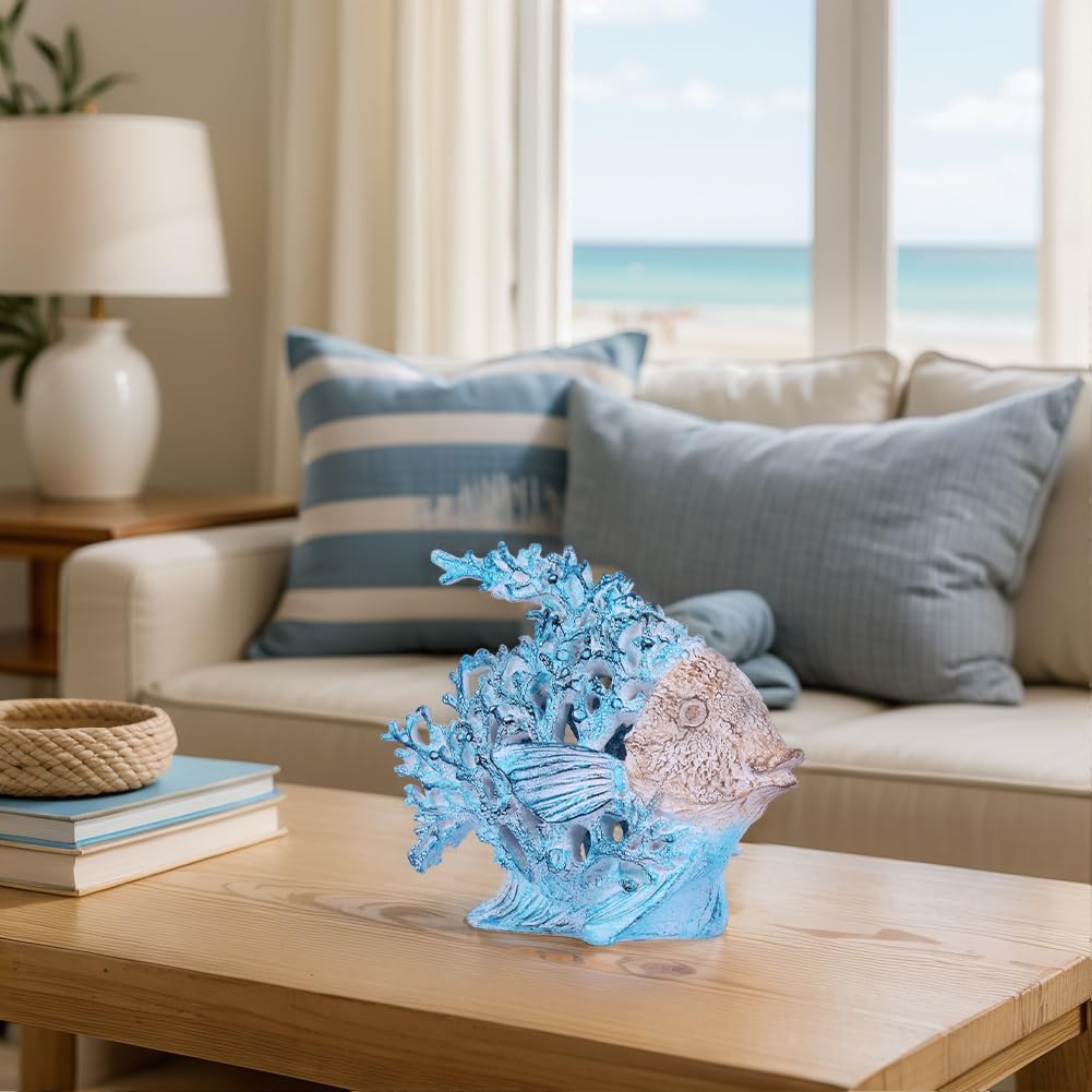 Beach Coastal Decor – 9.8in Turquoise Coral Reef Angelfish Figurine, Modern Nautical Ocean Sculpture Centerpiece for Living Room, Bathroom, Shelf, Coffee Table, Office or Beach House Gift