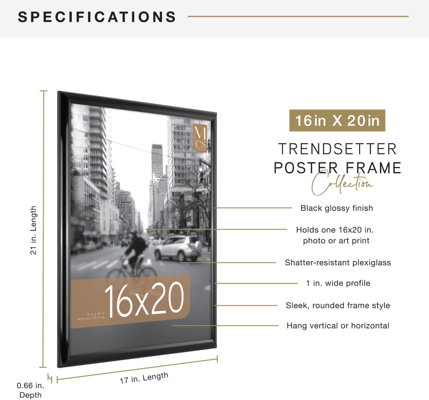 MCS Trendsetter 16x20 Poster Frame Black High-Gloss, Vertical & Horizontal Wall Hanging Large Picture Frame for Photos, Posters & Art Prints (1-Pack)