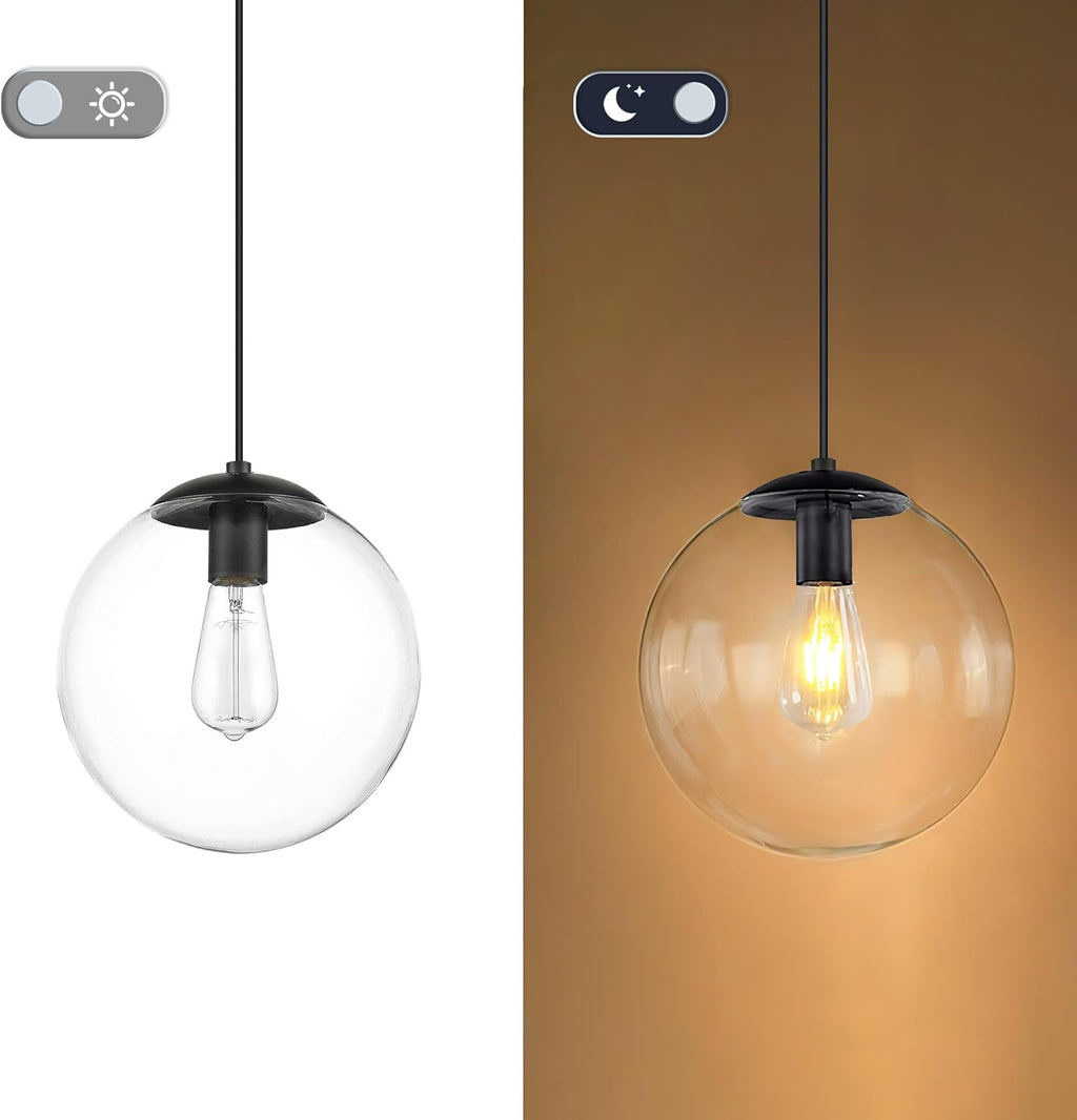 KoKo&Yukina 8 inch Globe Pendant Lighting for Kitchen Island Mid Century Modern Hanging Light Fixture with Clear Globe Glass Black Industrial Hanging Ceiling Lights for Bathroom Entryway (Bulb Incl.)