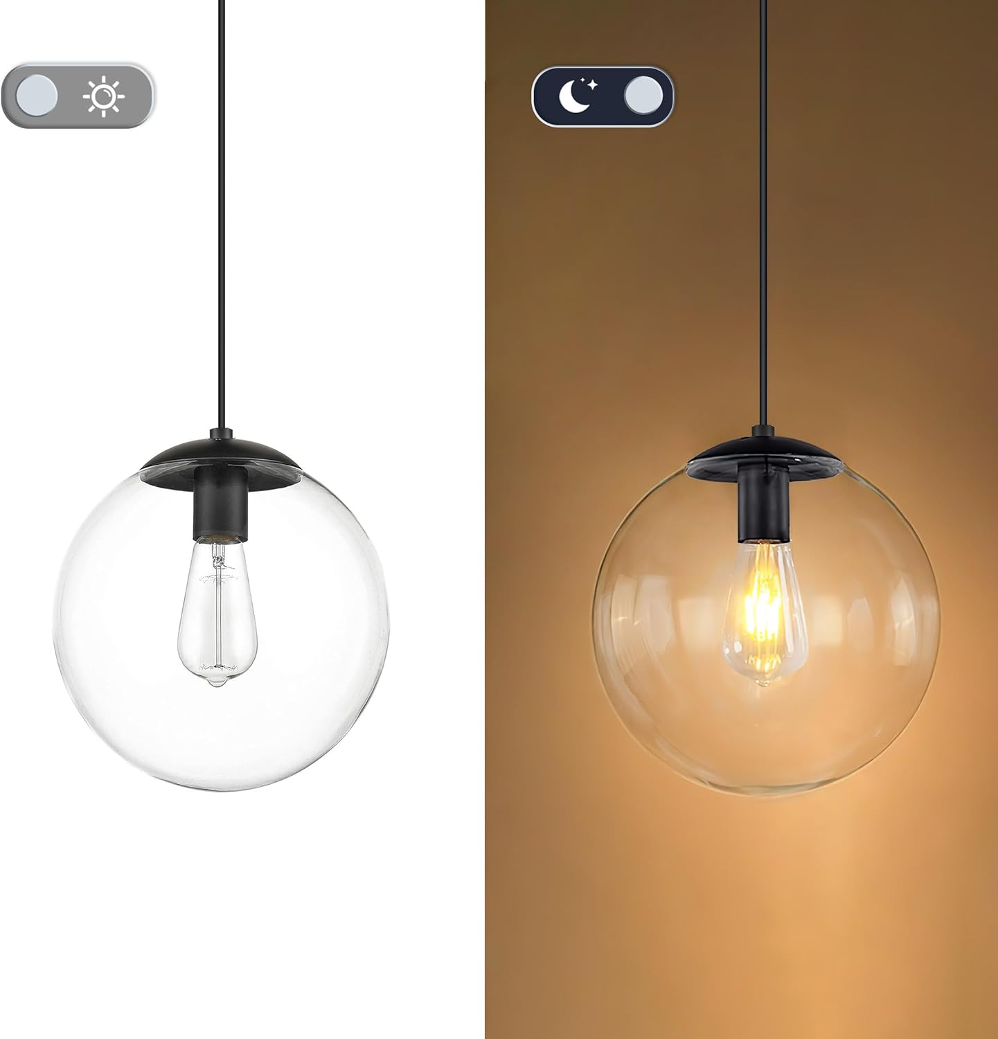 KoKo&Yukina 8 inch Globe Pendant Lighting for Kitchen Island Mid Century Modern Hanging Light Fixture with Clear Globe Glass Black Industrial Hanging Ceiling Lights for Bathroom Entryway (Bulb Incl.)