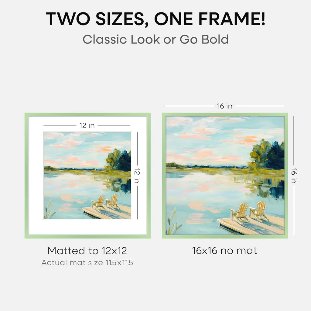 Homeforia 16x16 Picture Frame Sage Green, High End Metal 16 x 16 Square Poster Frames with Mat 12 x 12 Photo, 16x16 Frame Matted to 12x12 Art, 16by16 Hanging Frames, Tempered Glass, Wall Kit, Set of 2