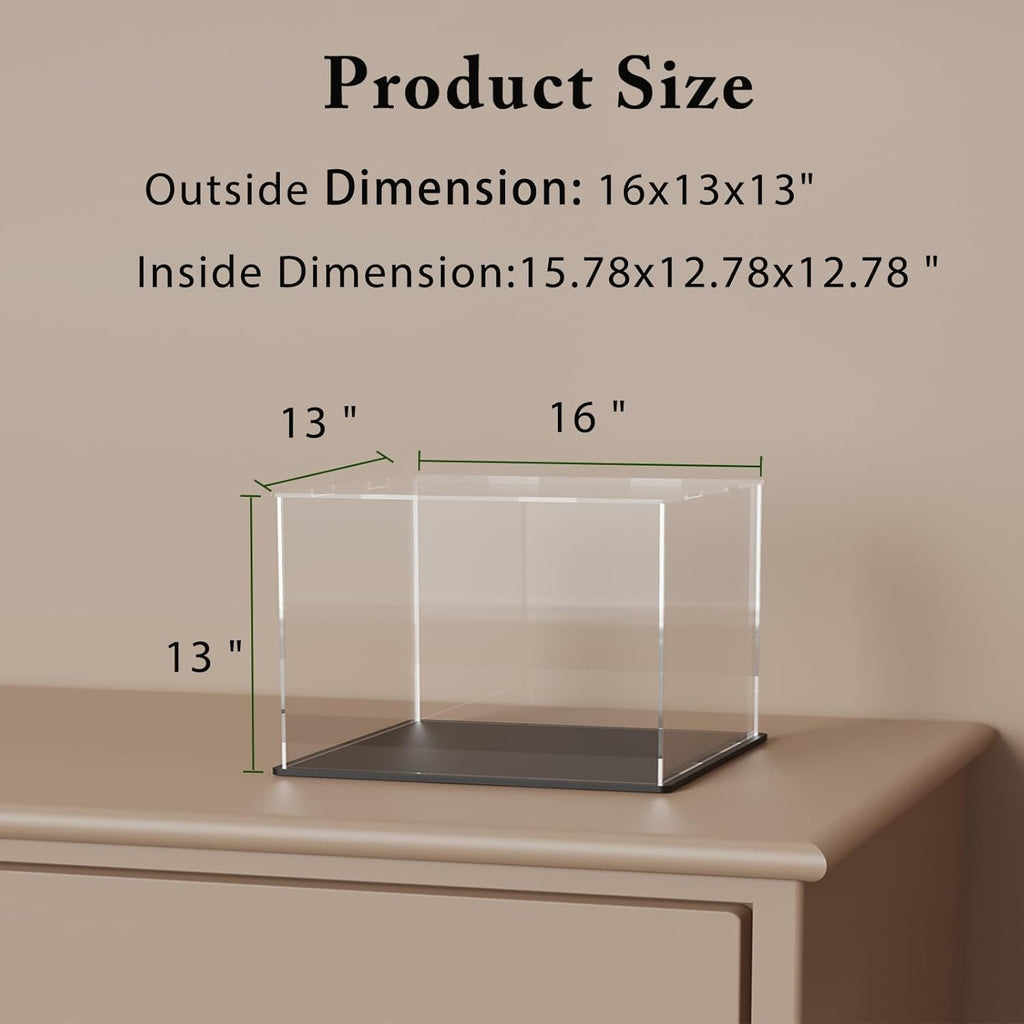 SVENJBB Large Display Case for Collectibles, 16x13x13 Inch Acrylic Box for Miniature House and Figures, Clear Acrylic Display Cases with Matte Black Base for Collection Protection and Storage