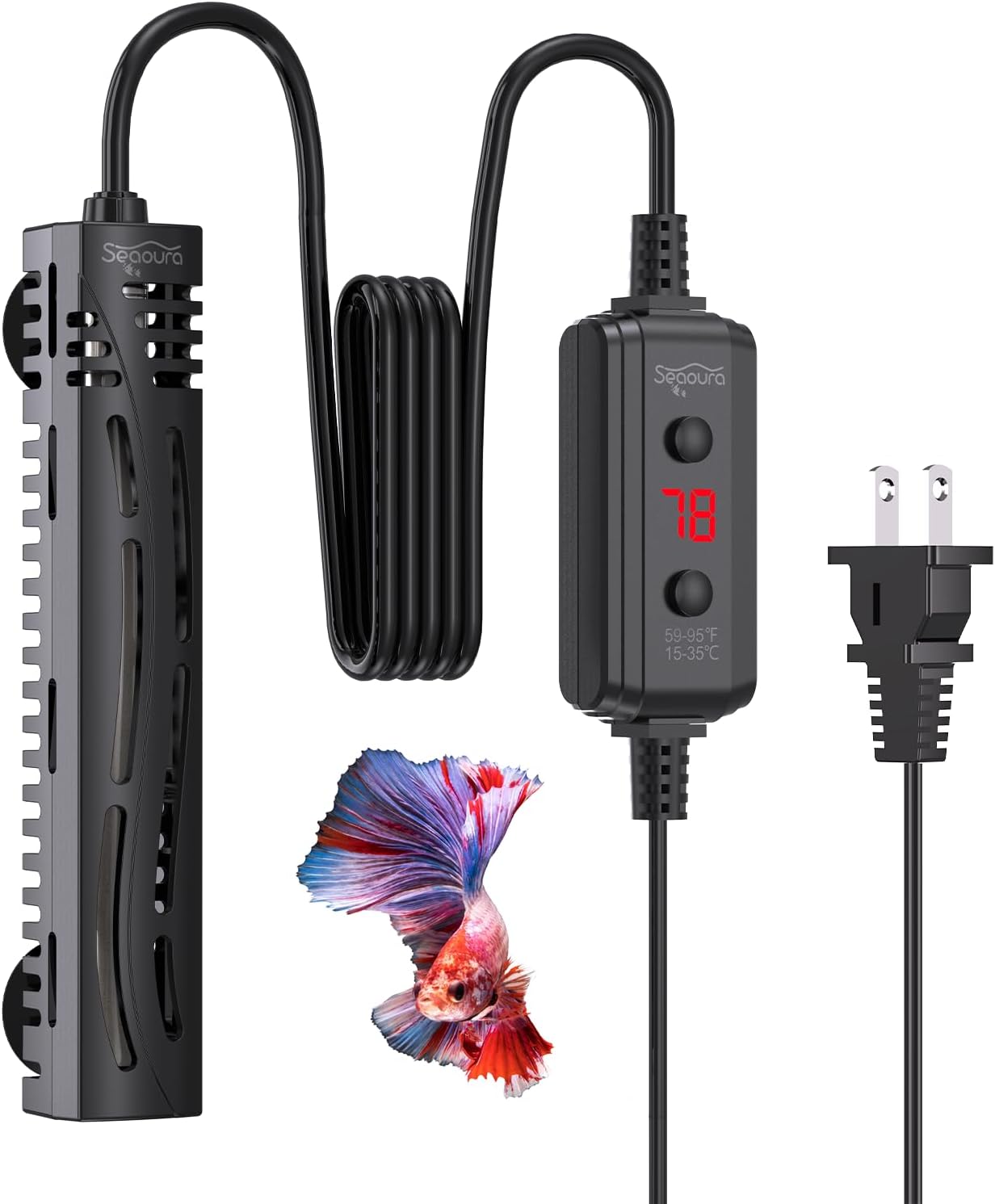 SEAOURA Small Aquarium Heater, 50W Mini Fish Tank Heater, Adjustable Submersible Aquarium Heater with External Digital Controller for Turtle, Betta, Freshwater, Saltwater, 5-15 Gallon