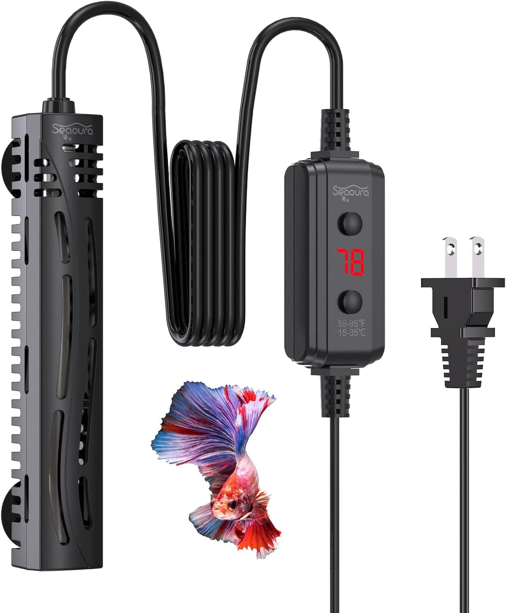 SEAOURA Submersible Fish Tank Heater, 75W Aquarium Heaters for 7-20 Gallon, Adjustable Turtle Tank Heater with LED Temperature Display, Suitable for Freshwater and Saltwater Tank