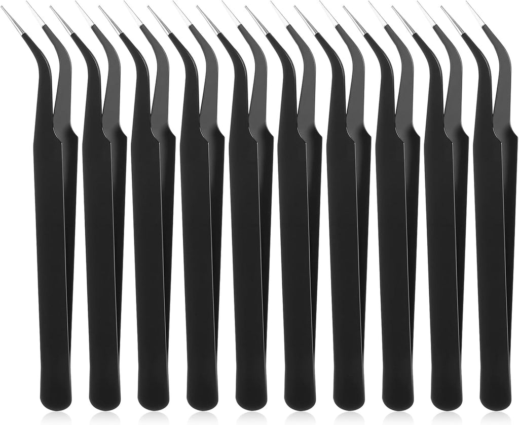 10 Pieces Tweezers for Crafting Stainless Steel Curved Pointed Tweezers Precision Tweezer with Protective Cover for Eyelash Extensions Stickers Rhinestones Crafts (Black)