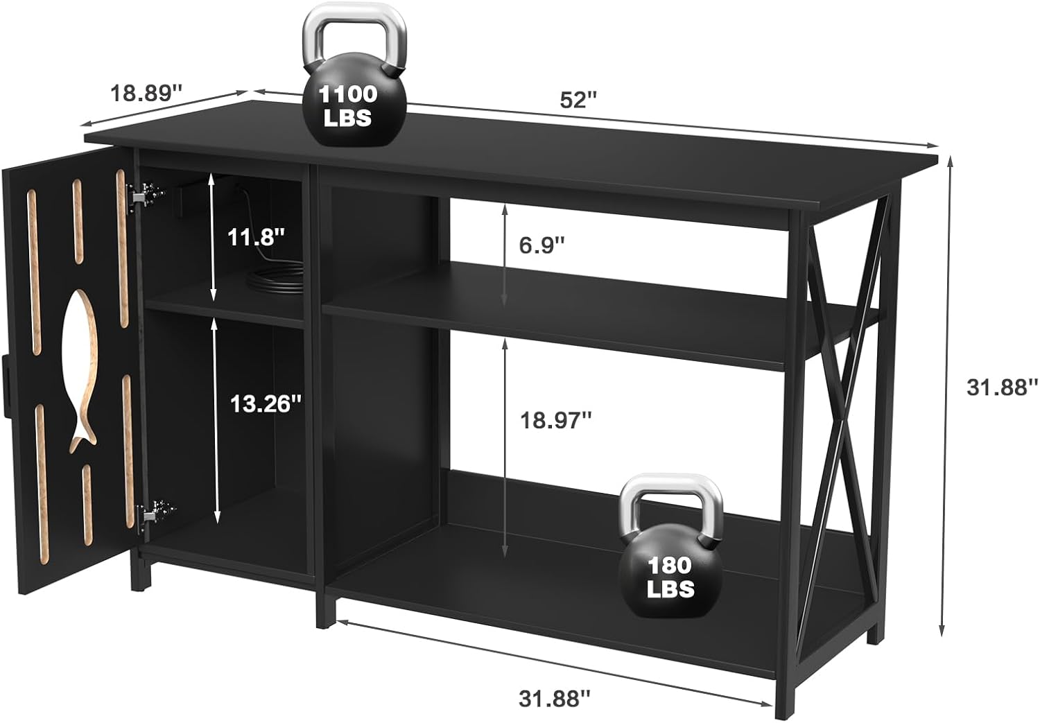 55-75 Gallon Aquarium Stand with Power Outlets,Fish Tank Stand with Cabinet&LED Light,Aquarium Stand for Fish Tank/Turtle Tank/Reptile Terrarium,1100LBS Capacity,Black