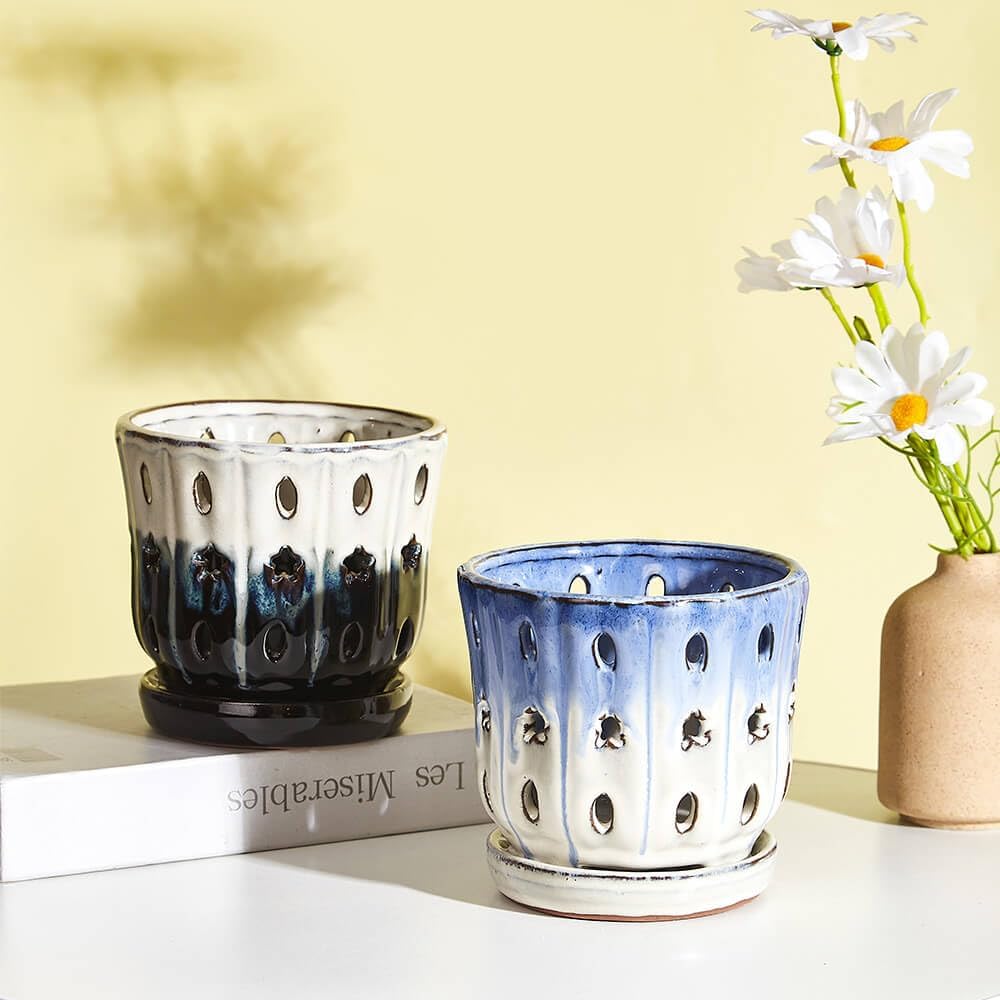 Orchid Pots with Holes Attached Saucers 5 Inches - 2 Pcs Small Ceramic Pots for Repotting, Decorative Ceramic Orchid Planter with Hole for Healthy Root Growth Mixed Color