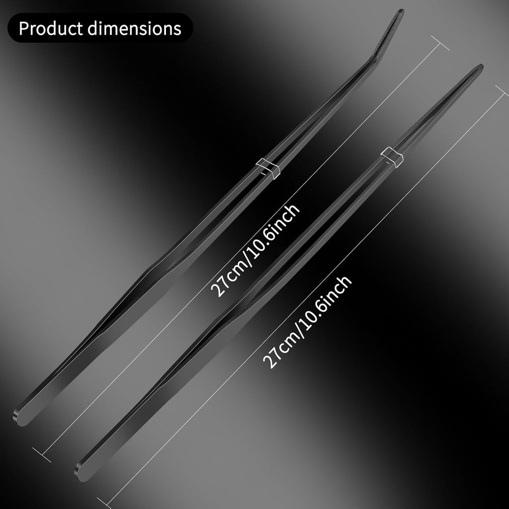 2pc-10.6"Aquarium Tweezers,Stainless Steel Straight and Curved Tweezers Set,Long Handle Reptile Feeding Tongs for Lizards, Bearded Dragon Snake Tank Accessories (Black)
