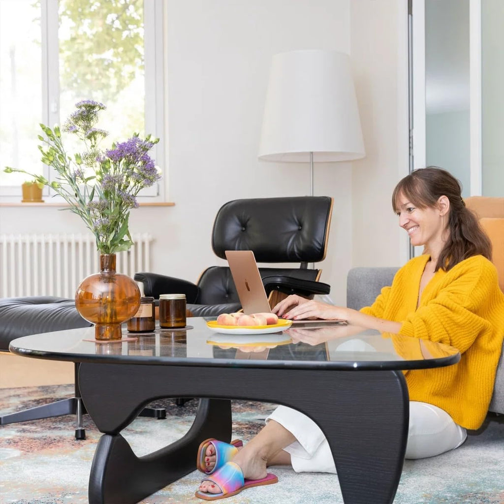 Triangle Glass Coffee Table Modern Noguchi Coffee Table, Vintage Glass, and Wood End Table, Solid Wood Base and Clear Glass Top Accent Coffee Table, for Living Room, Patio