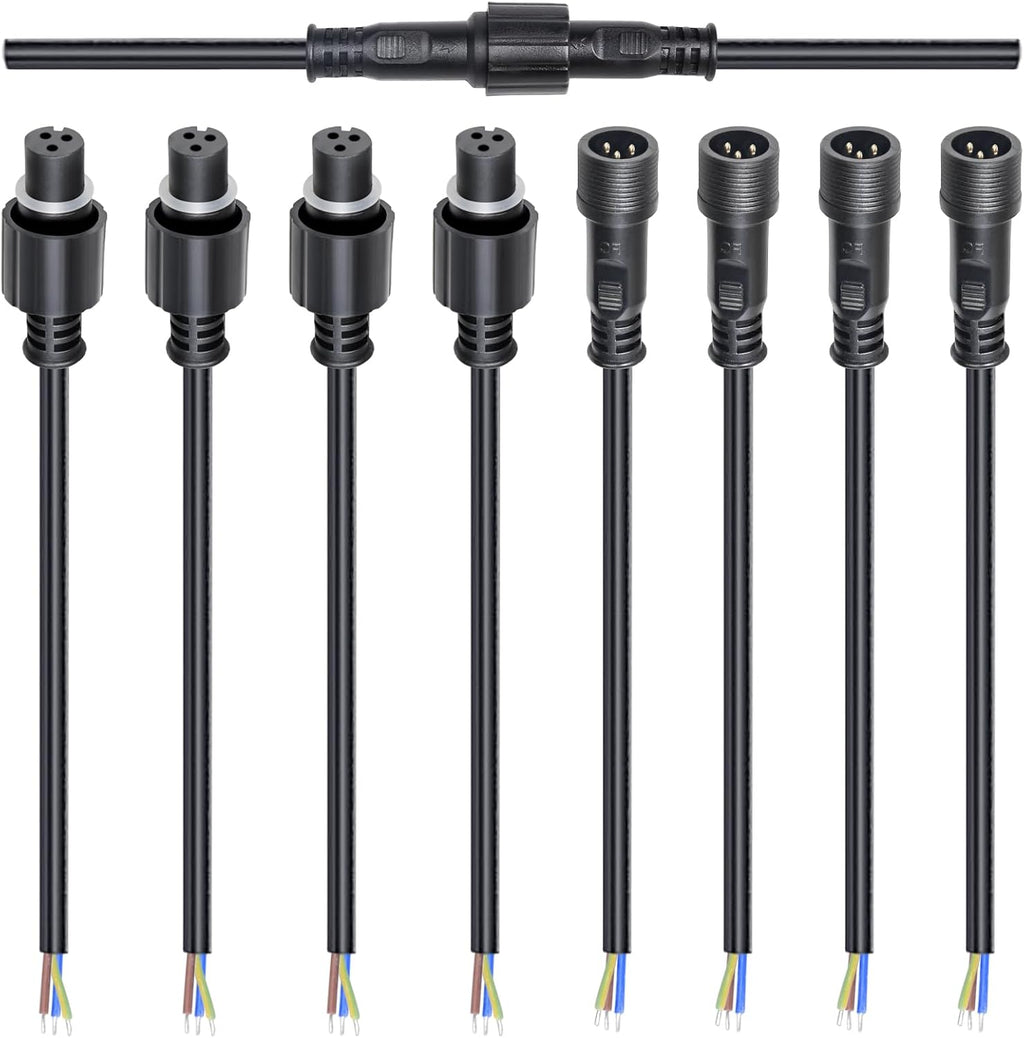 MAD OWL 3-Pin Waterproof LED Wire Connector Kit, 20 AWG 11inch/28cm Male Female Connectors with Tin Plated Joint for Various Waterproof Wires DIY (4 Set Black)