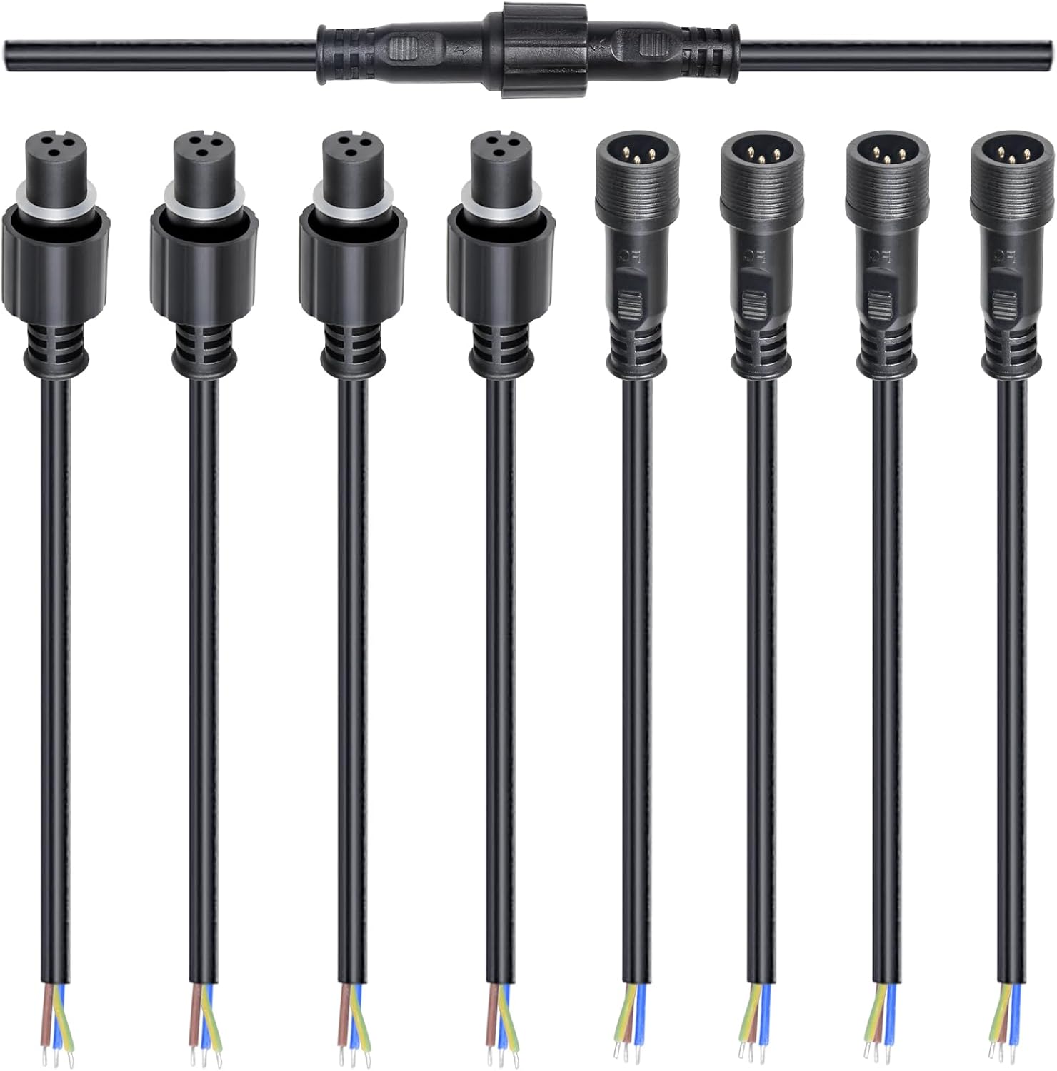 MAD OWL 3-Pin Waterproof LED Wire Connector Kit, 20 AWG 11inch/28cm Male Female Connectors with Tin Plated Joint for Various Waterproof Wires DIY (4 Set Black)