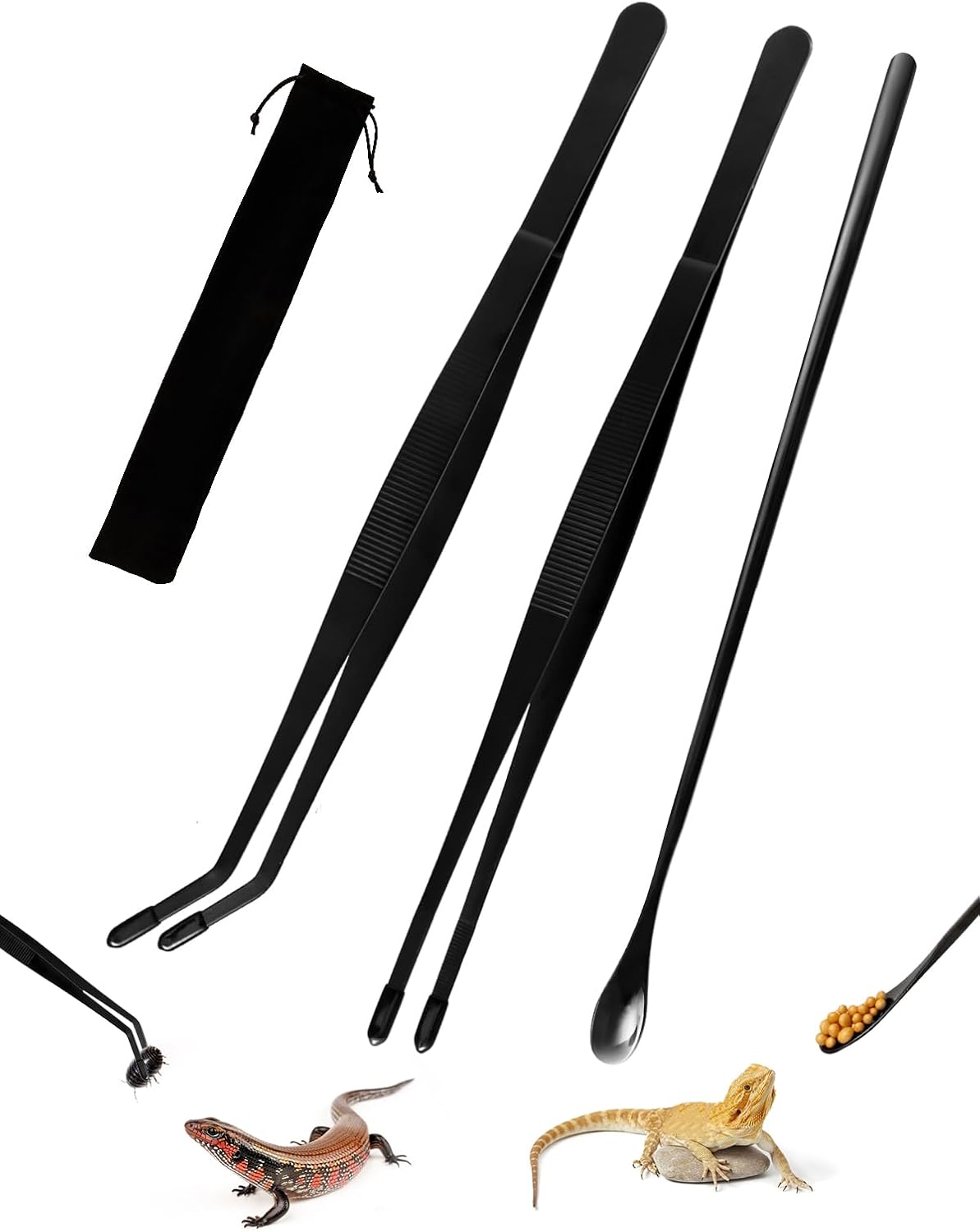 3PCS Reptile Feeding Tongs with Rubber Tips, 11.8-inch Stainless Steel Reptile Tongs and Spoon Long Feeding Tweezers for Turtles, Bearded Dragons, Geckos, Tree Frog, Tank Accessories