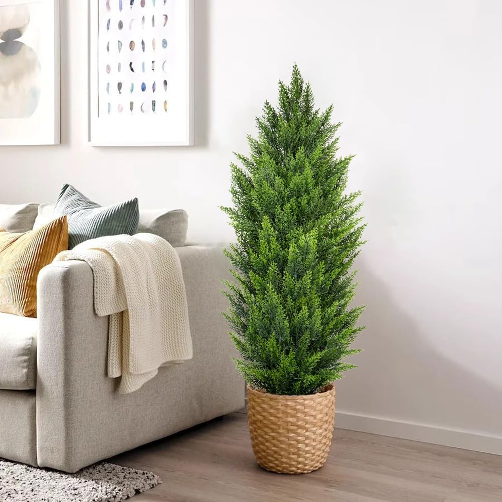 Briful 4ft Cedar Topiary Trees Artificial Outdoor Set of 2, Realistic Faux Cedar Pines with Pots, UV Resistant Christmas Greenery for Holiday Decor, Indoor Farmhouse Entryway Patio Door Plants