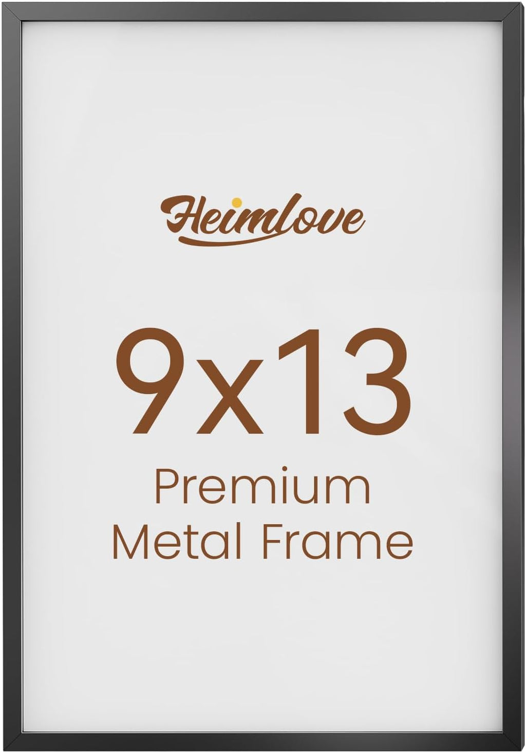 Heimlove 9x13 Metal Picture Frame,Black Aluminum Photo Frames-Real Tempered Glass,Mounting Horizontally or Vertically Decor for Wall-1Pack