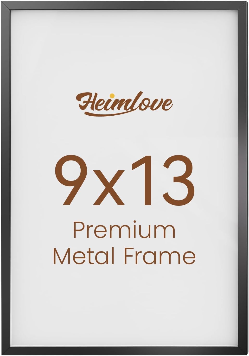 Heimlove 9x13 Metal Picture Frame,Black Aluminum Photo Frames-Real Tempered Glass,Mounting Horizontally or Vertically Decor for Wall-1Pack