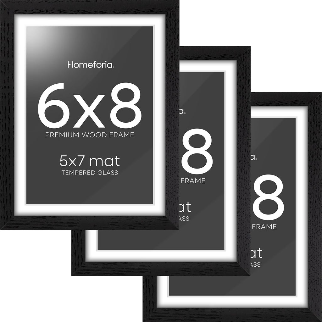 Homeforia 8x6 Black Wood Frame, High End Oak 6x8 Black Wooden Picture Frames with Mat 5x7 Art, 6 x 8 Frame Matted to 5 by 7 inch Photo, 6x8 Wall or Tabletop Frames, Tempered Glass, Wall Kit, Set of 3
