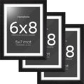 Homeforia 8x6 Black Wood Frame, High End Oak 6x8 Black Wooden Picture Frames with Mat 5x7 Art, 6 x 8 Frame Matted to 5 by 7 inch Photo, 6x8 Wall or Tabletop Frames, Tempered Glass, Wall Kit, Set of 3