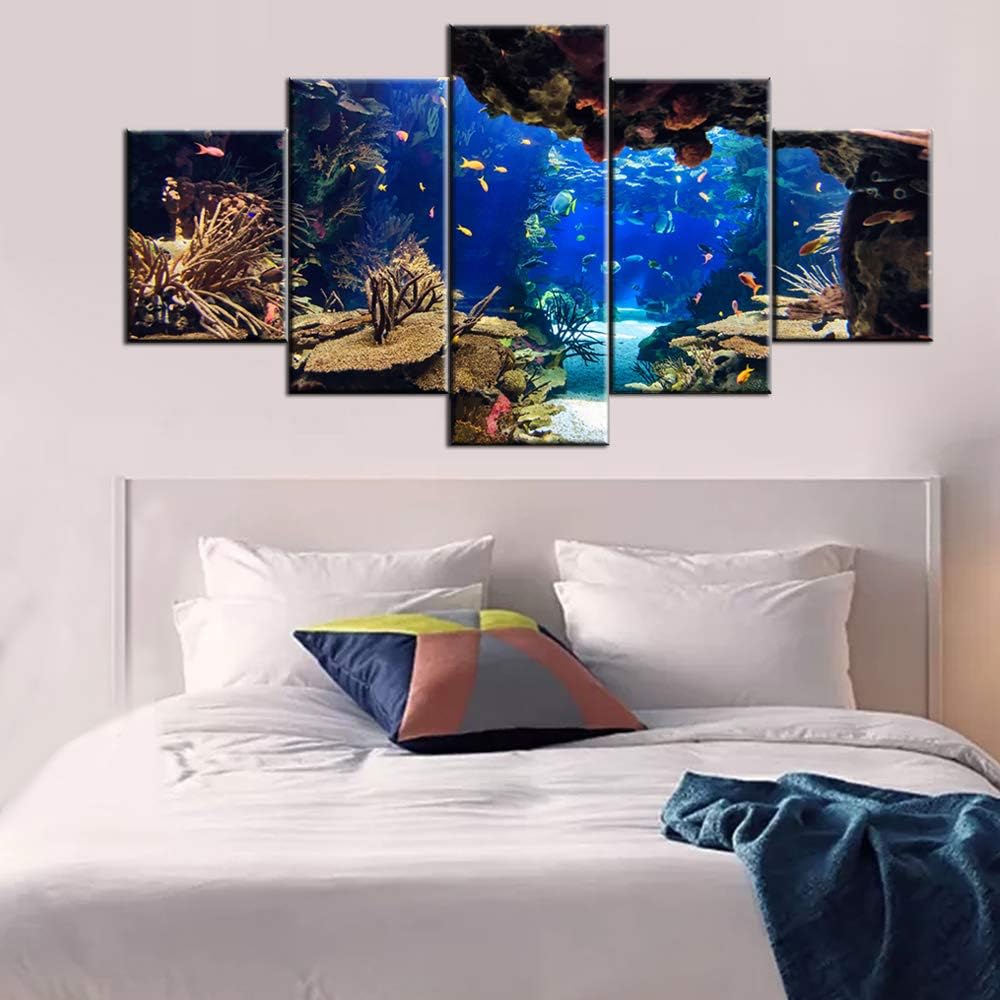 Coral Reef and Fish Paintings Underwater World Wall Art Undersea Pictures Home Decorations for Living RoomAquarium Artwork Gallery-Wrapped 5 Panel Prints on Canvas Framed Ready to Hang(60''W x 32''H)