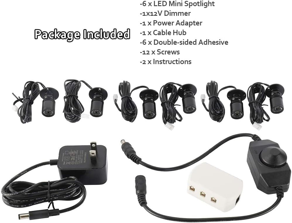 Dimmable 12V LED Mini Spotlights for Display - 1.5W Neutral 4500K, Small Spotlights for Displays with Dimmer, Black - Set of 6