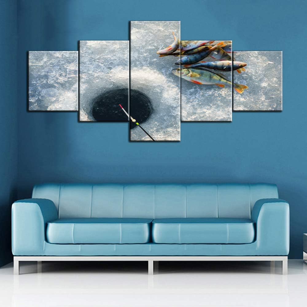 Canvas Pictures Caught Fish on Ice Fishing Wall Art for Living Room 5 Panel White Artwork Modular Abstract Paintings Modern Home Decor Wooden Framed Ready to Hang Posters and Prints(50''W x 24''H)