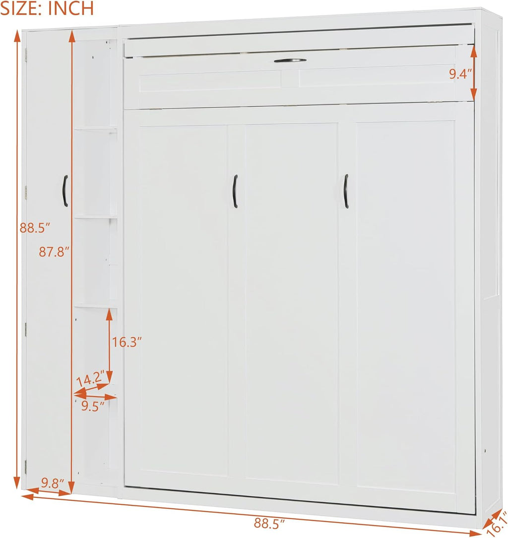 Merax Queen Size Murphy Bed Wall Bed with Shelves, Drawers and LED Lights,White
