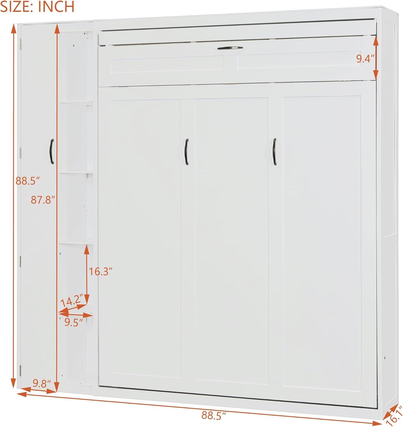 Merax Queen Size Murphy Bed Wall Bed with Shelves, Drawers and LED Lights,White