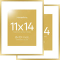 Homeforia 11x14 Picture Frame Gold, High End Metal 11x14 Poster Frames with Mat for 8x10, 11 x 14 Gold Frame Matted to 8 x 10 inch Photo, 11by14 Thin Hanging Frames, Tempered Glass, Wall Kit, Set of 2